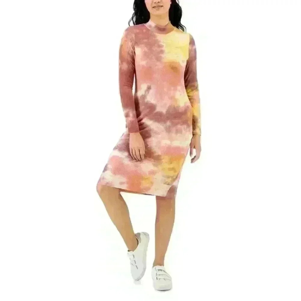 Tinsel Women Coral Stretch Ribbed Pull On Mock Neck Knee Length Shift‎ Dress PL
